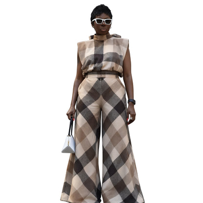 MYF (S-2XL) 10950 suede plaid loose wide leg pants sleeveless suit