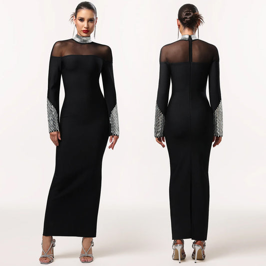 XYZ C7592 turtleneck long sleeve slim fit rhinestone dress