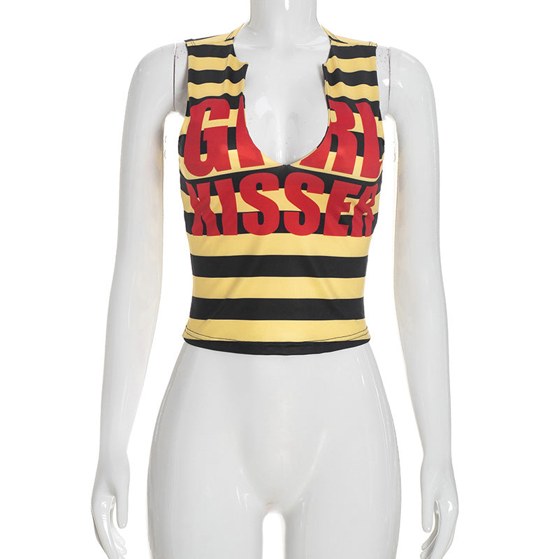 DZHT D26TP268 casual all-match American striped letters sleeveless tight top