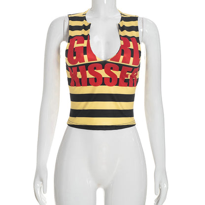 DZHT D26TP268 casual all-match American striped letters sleeveless tight top