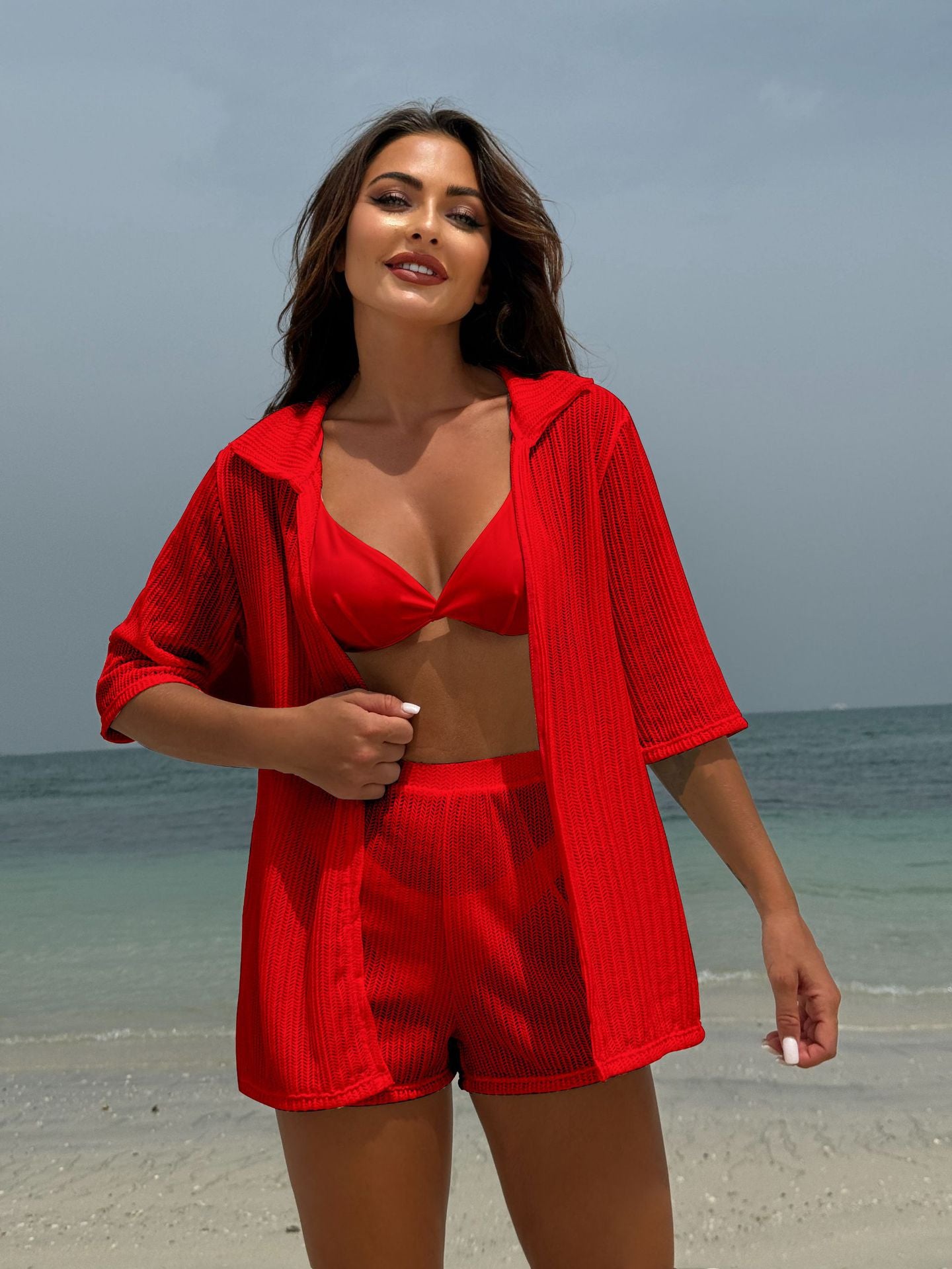 (4 days ready to ship) SY beach sun protection gauzy shirt shorts four-piece swimsuit