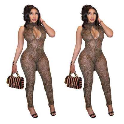 MZ (S-2XL) MZ88623 mesh leopard print stretch sleeveless jumpsuit