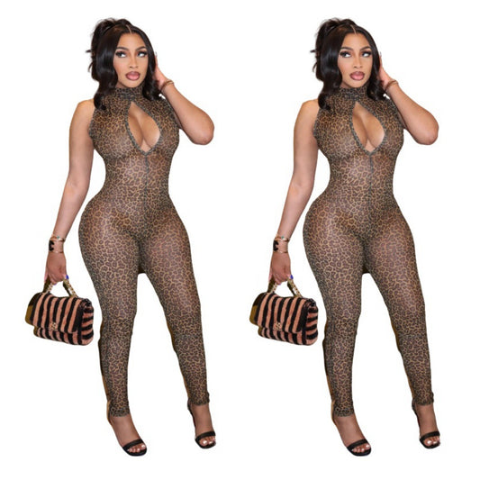 MZ (S-2XL) MZ88623 mesh leopard print stretch sleeveless jumpsuit