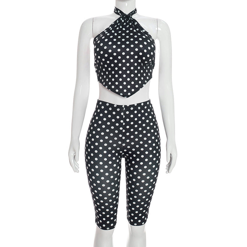 DZHT Q26ST092 halter strap backless underwaist skinny knee length pants polka dot printing suit