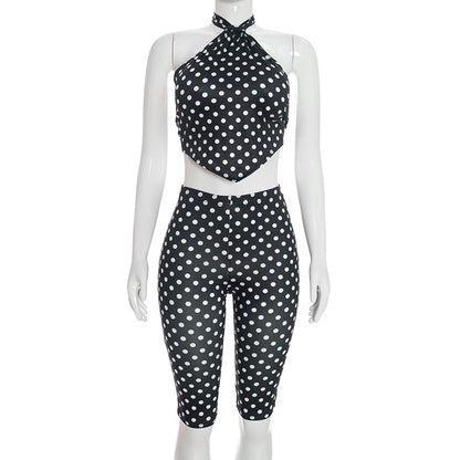 DZHT Q26ST092 halter strap backless underwaist skinny knee length pants polka dot printing suit