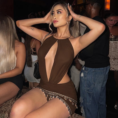 DZHT D26DS005 bohemian halter bare back tight jumpsuit skirt