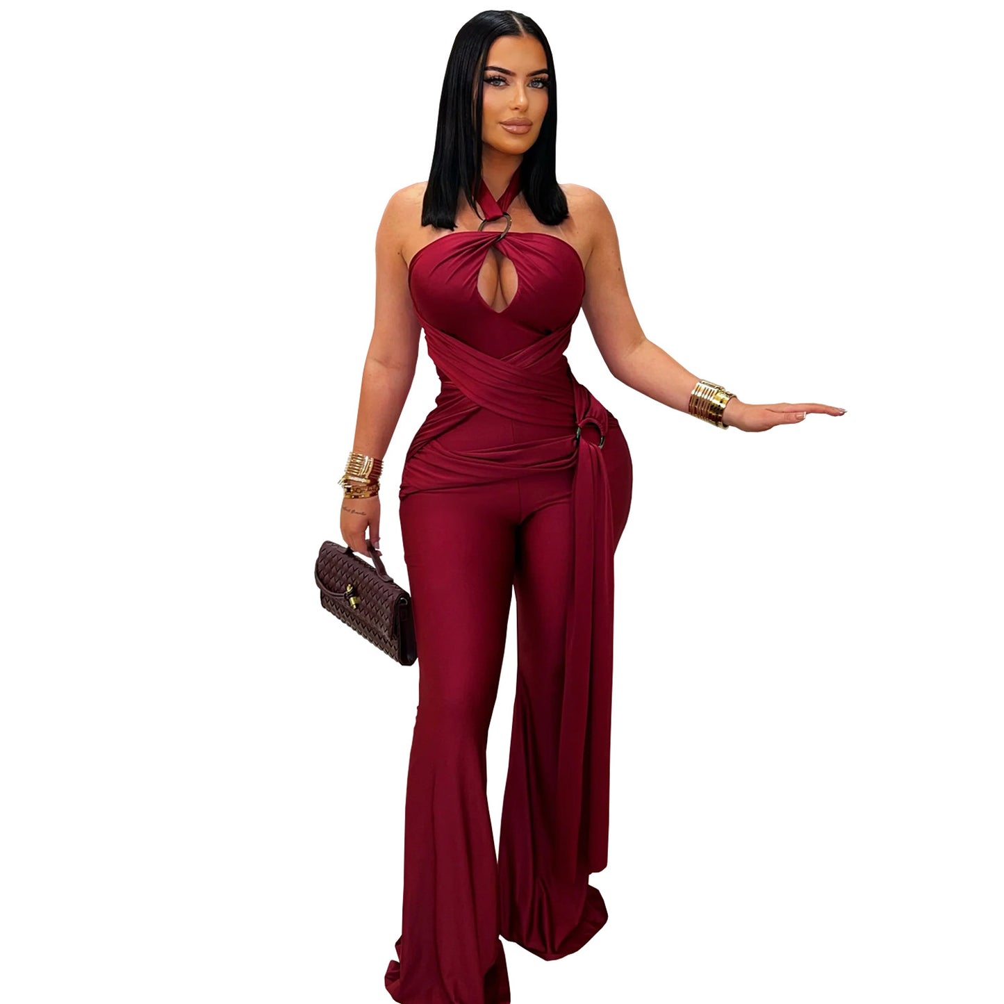 XYZ C7570 halter wide leg arm covering jumpsuit
