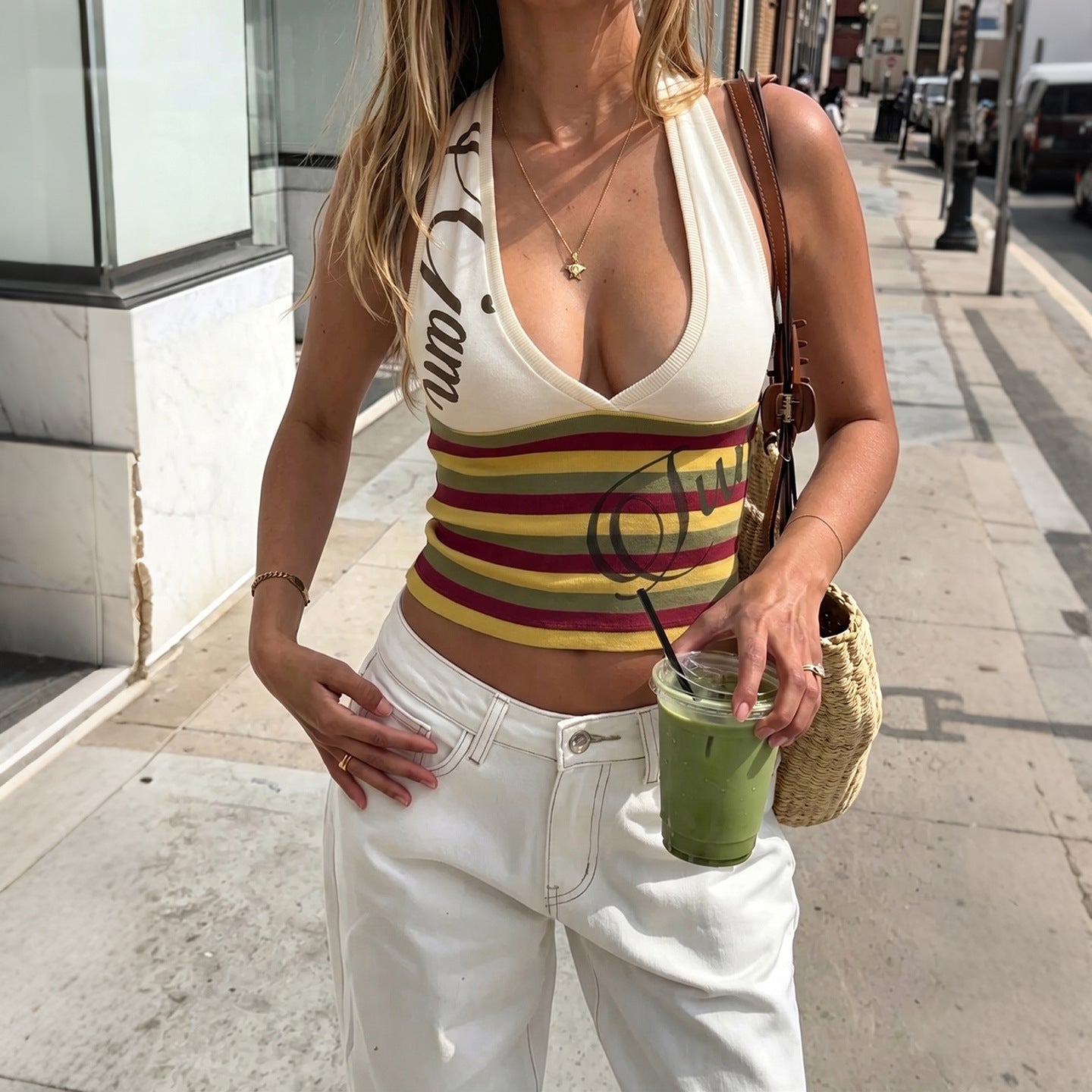 SXR K6L09388A summer deep V-neck backless halter striped contrast color slim fit top
