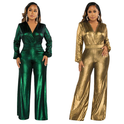 MYF (S-2XL) K10317 autumn V lantern sleeve gilding one-piece