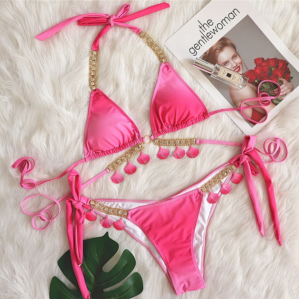 Sexy lace-up gradient printing women's split luxury crystal diamond bikini shell