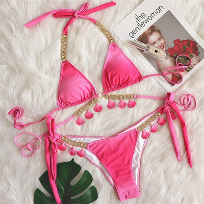 Sexy lace-up gradient printing women's split luxury crystal diamond bikini shell