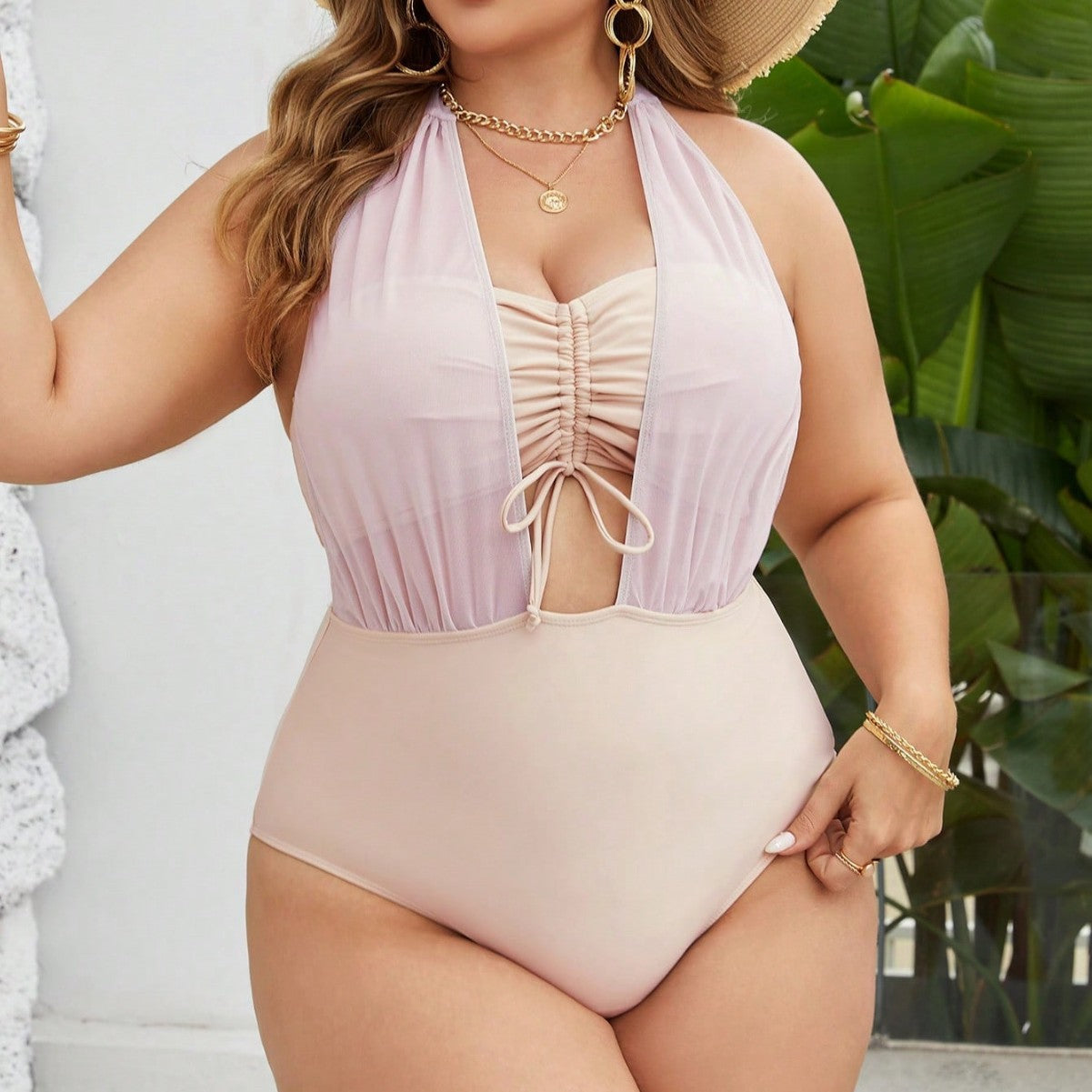 LF (L-4XL) 2026 swimsuit high elastic polyester pure color mesh plus size one-piece