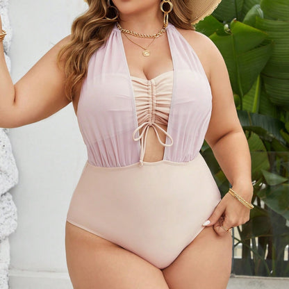 LF (L-4XL) 2026 swimsuit high elastic polyester pure color mesh plus size one-piece