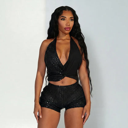 DZHT J26ST260 V-neck halter tied spaghetti-strap top tight shorts sequined two-piece suit