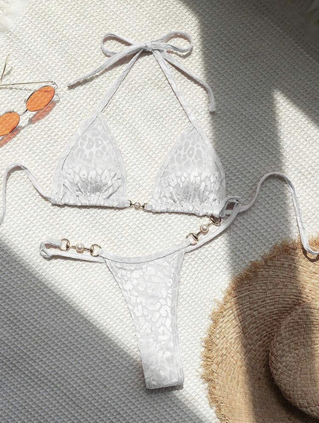 (4 days ready to ship) SY T-shaped pearl leopard special fabric swimsuit bikini
