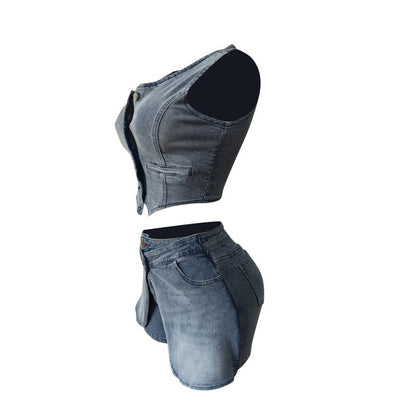 MZ (S-2XL) denim vest MZ88641 stretch apron shorts suit