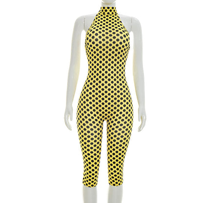DZHT J26JP114 spring/summer backless halter lace-up polka dots printed one-piece cropped pants