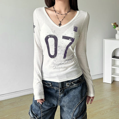 SXR autumn see-through V-neck printed long-sleeved T-shirt top