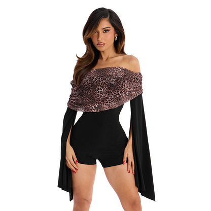 DZHT J25RP468 long sleeve off-shoulder leopard print off-shoulder shorts jumpsuit