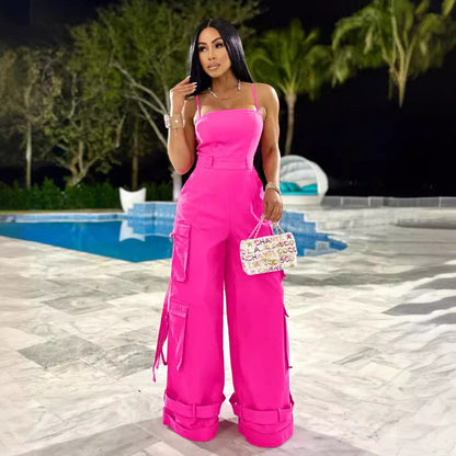 (S-2XL) ZSC tube top multi-pocket workwear jumpsuit wide leg jumpsuit