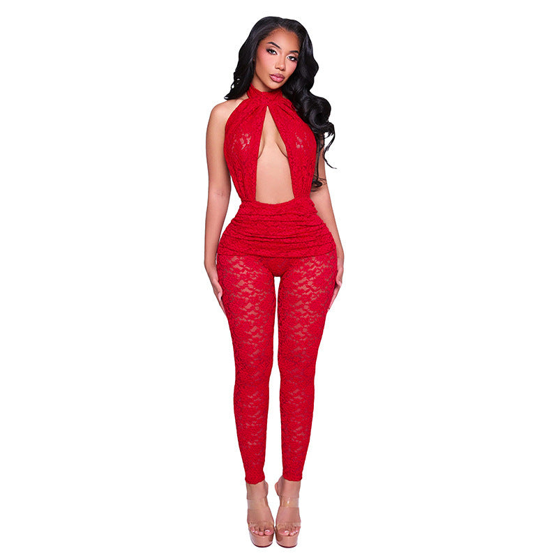 DZHT J26JP039 see-through backless hollow out lace jumpsuit