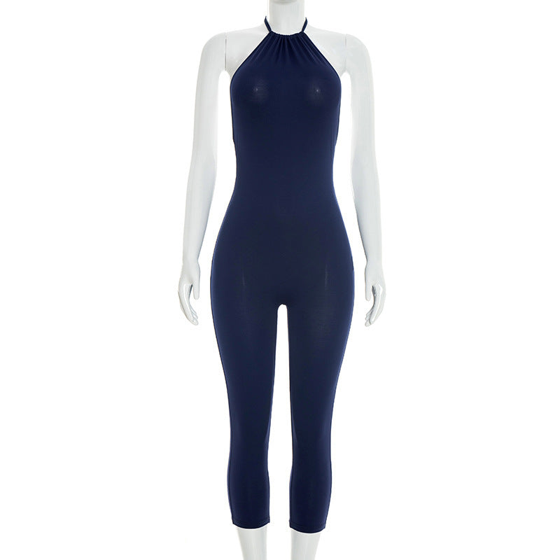 DZHT J26JP050 slim fit halter backless tied neck cropped jumpsuit
