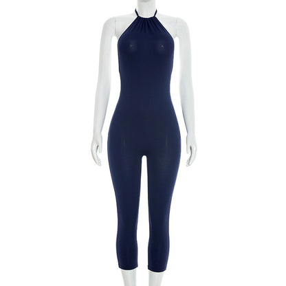 DZHT J26JP050 slim fit halter backless tied neck cropped jumpsuit