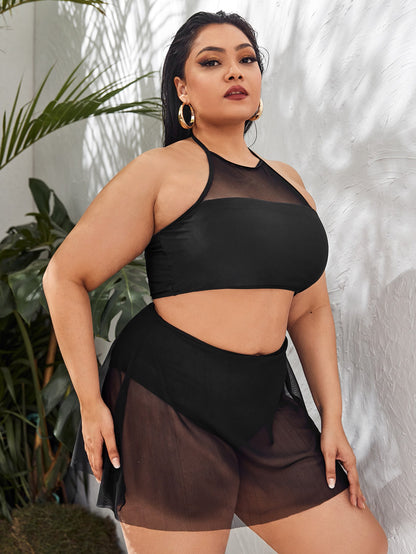 LF (L-4XL) split Black Ribbon yarn bikini swimsuit women's plus size