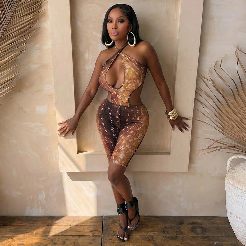 DZHT J26RP105 spring and summer deer printed halter strap bare back jumpsuit