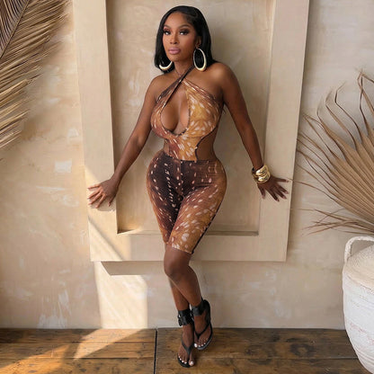 DZHT J26RP105 spring and summer deer printed halter strap bare back jumpsuit