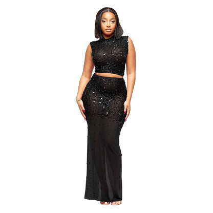 XYZ C7580 sheer mesh rhinestone dress two-piece set