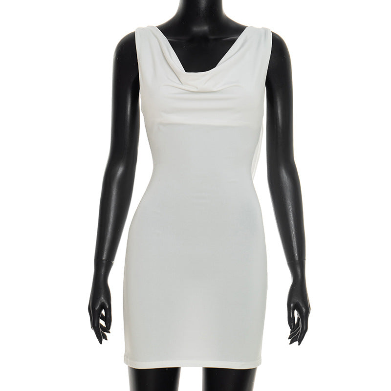 DZHT D25DS585 summer chain decoration bare back swing collar sleeveless dress