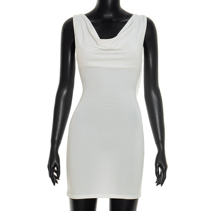 DZHT D25DS585 summer chain decoration bare back swing collar sleeveless dress
