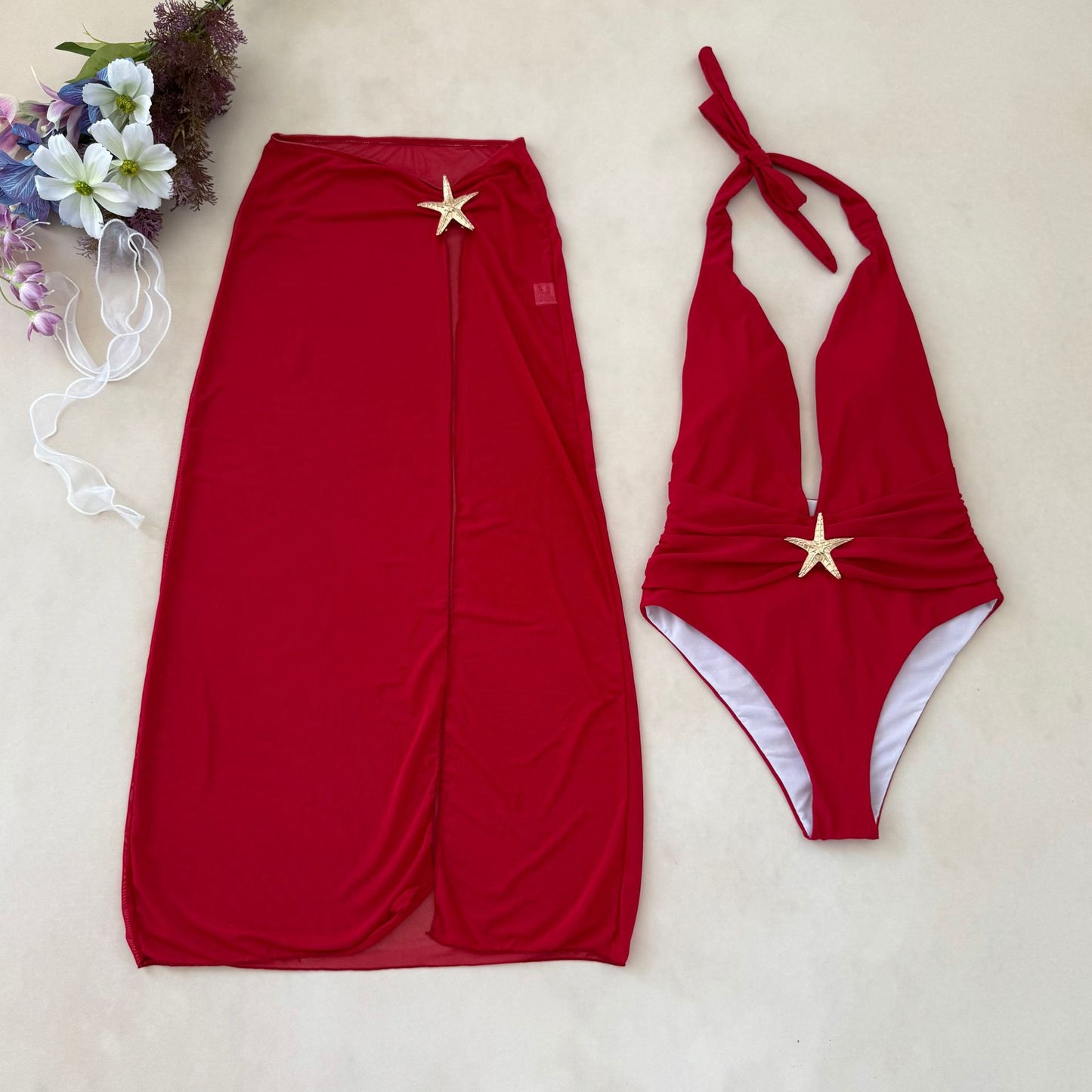 (4 days ready to ship) SY one-piece split dress mesh halter bikini