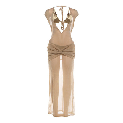 SXR winter camisole V-neck short sleeve see-through dress suit