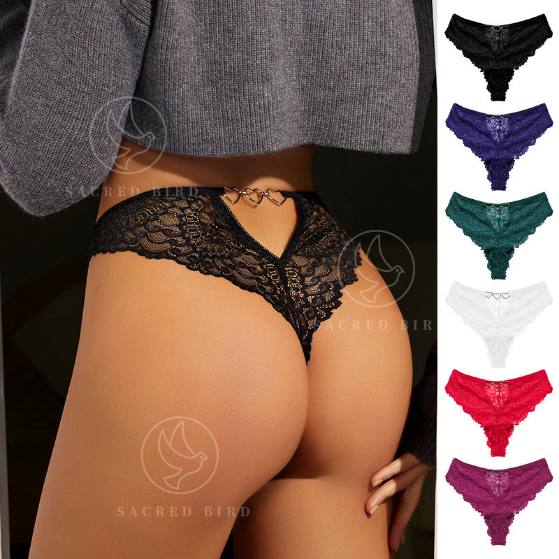 Sexy lace see-through plus size T-type pants metal buckle cotton crotch T-back