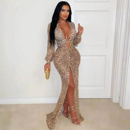 XYZ C7571 deep V leopard print split arm covering dress