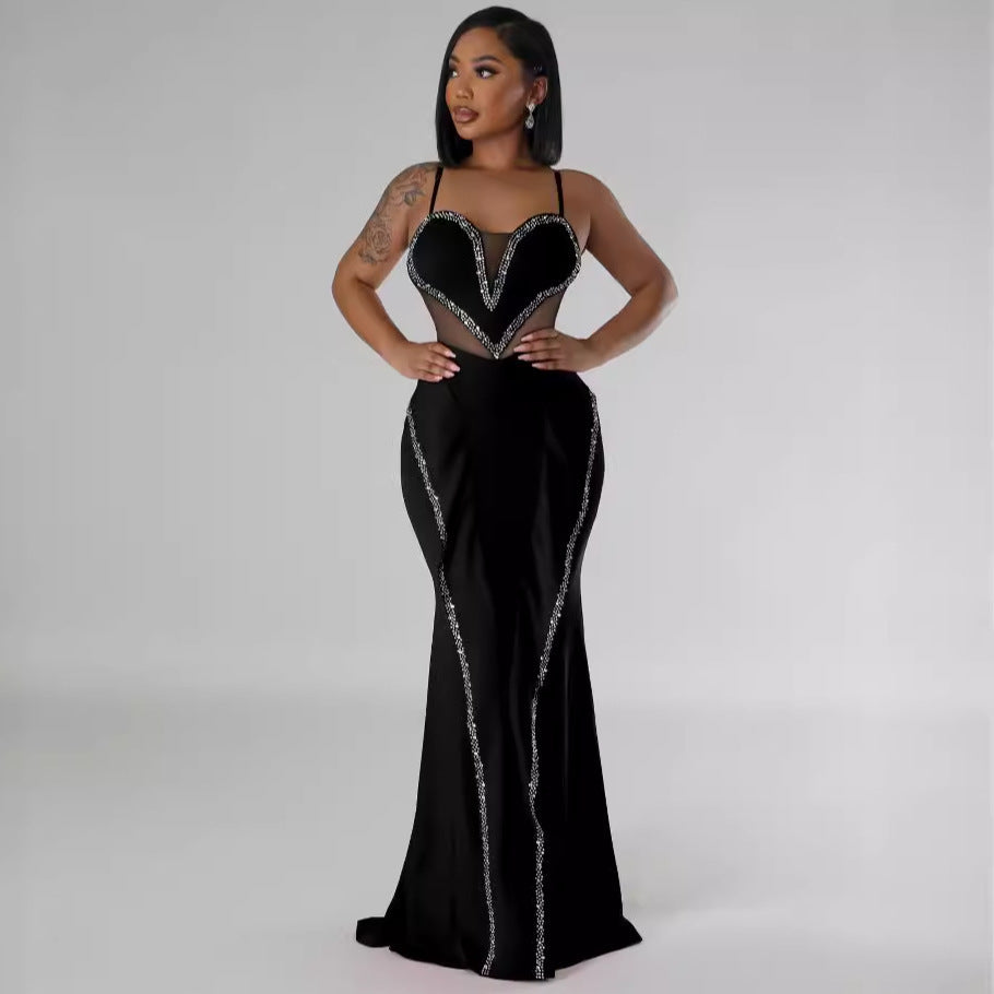 GY (S-2XL) K3161 rhinestone mesh see-through stitching lace hip spaghetti straps dress
