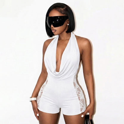 DZHT J26RP157 deep V vertical collar stitching lace one-piece shorts