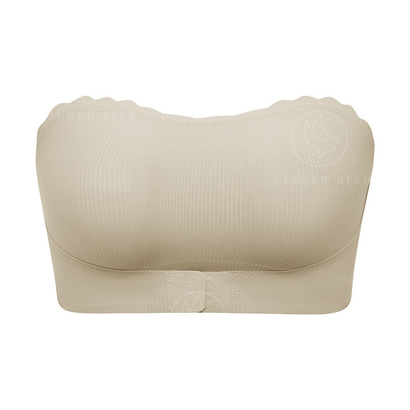 Striped seamless wavy edge thin breathable sports tube top anti-drop strapless front buckle push up accessary breast push up bra