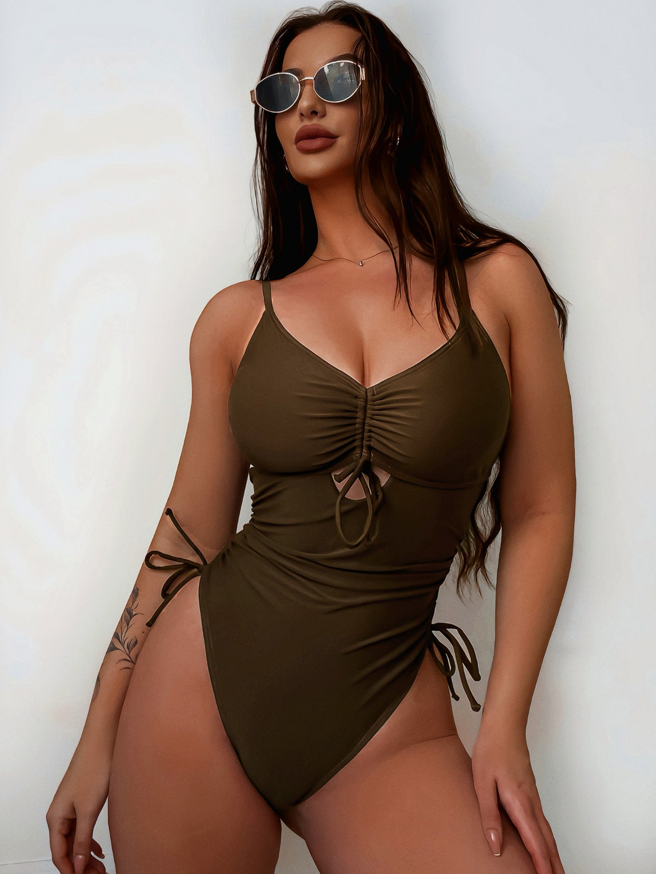 XM Brown cutout strap one-piece swimsuit TM16K