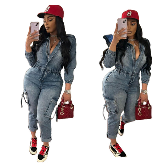 MZ (S-2XL) MZ88596 washed high elastic long sleeve one-piece trousers
