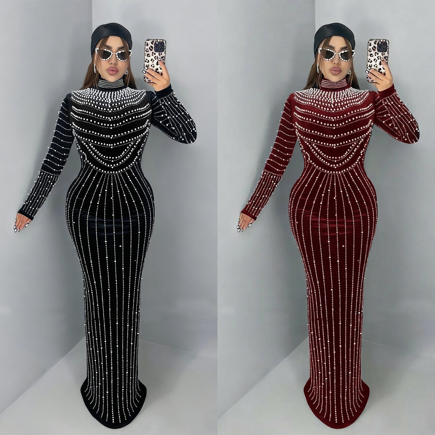 XYZ C7617 elegant velvet rhinestone long sleeve dress