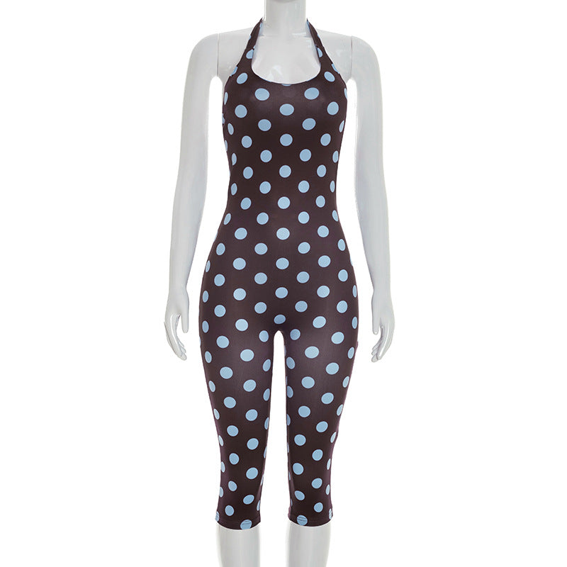 DZHT J26JP088 fashion sleeveless tight slimming polka dot cropped jumpsuit