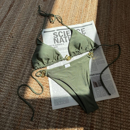 (4 days ready to ship) SY nylon light metal ring lace-up backless split swimsuit bikini