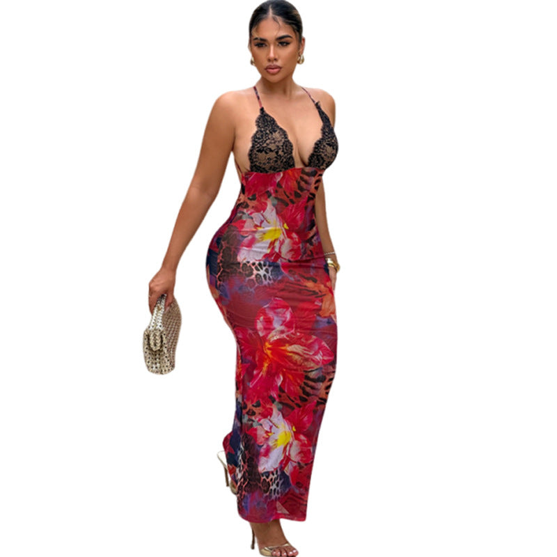 SXR K6D09150A summer printed lace stitched backless dress