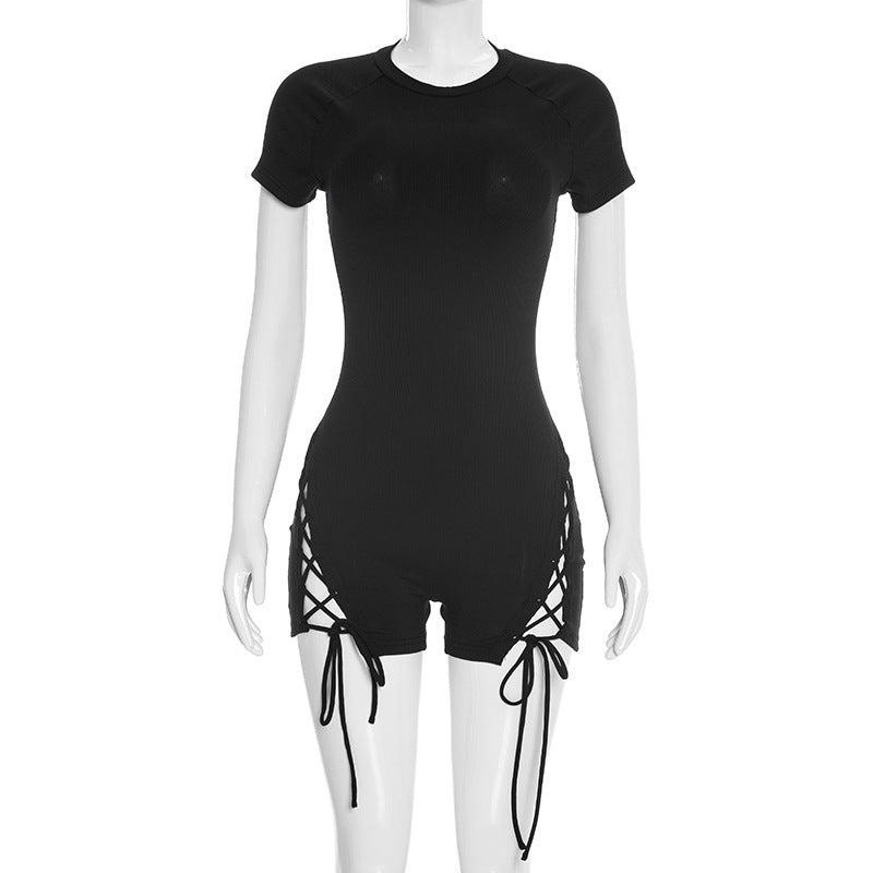 DZHT J26RP027 short-sleeved slim-fit slimming rib jumpsuit
