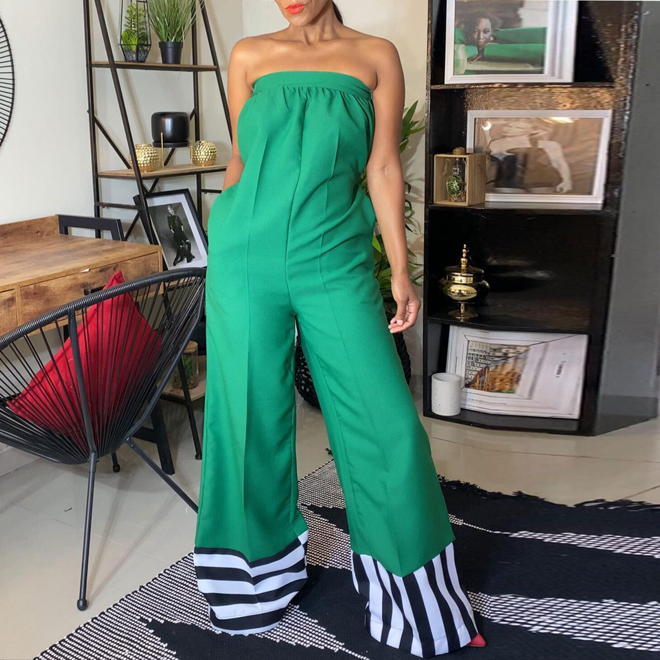 GY (L-3XL) SRS10432 stitching printing contrast color jumpsuit