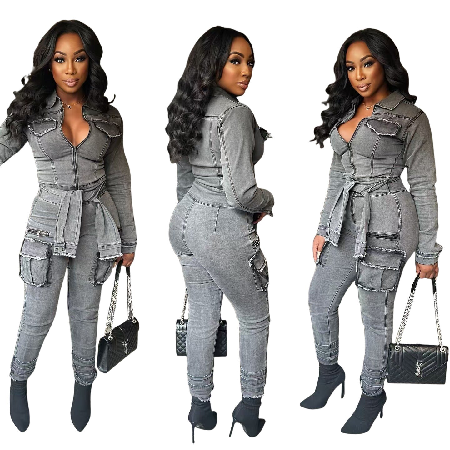 MZ (S-2XL) Denim lace-up MZ88601 women's stretch slim belt jumpsuit