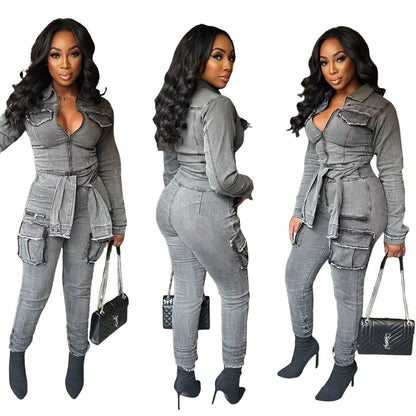 MZ (S-2XL) Denim lace-up MZ88601 women's stretch slim belt jumpsuit